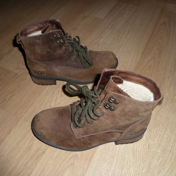 UGG Denhali Women's Size 7 Brown Leather Lace Up Shearling Ankle Boots 1007745 - Picture 3 of 13